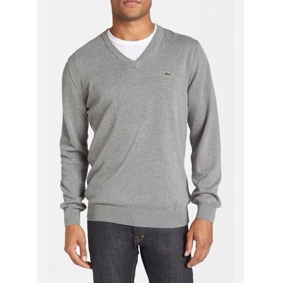 Lacoste Men's V-Neck Pullover Sweater Gray Size M Lightweight Knit - Picture 1 of 7